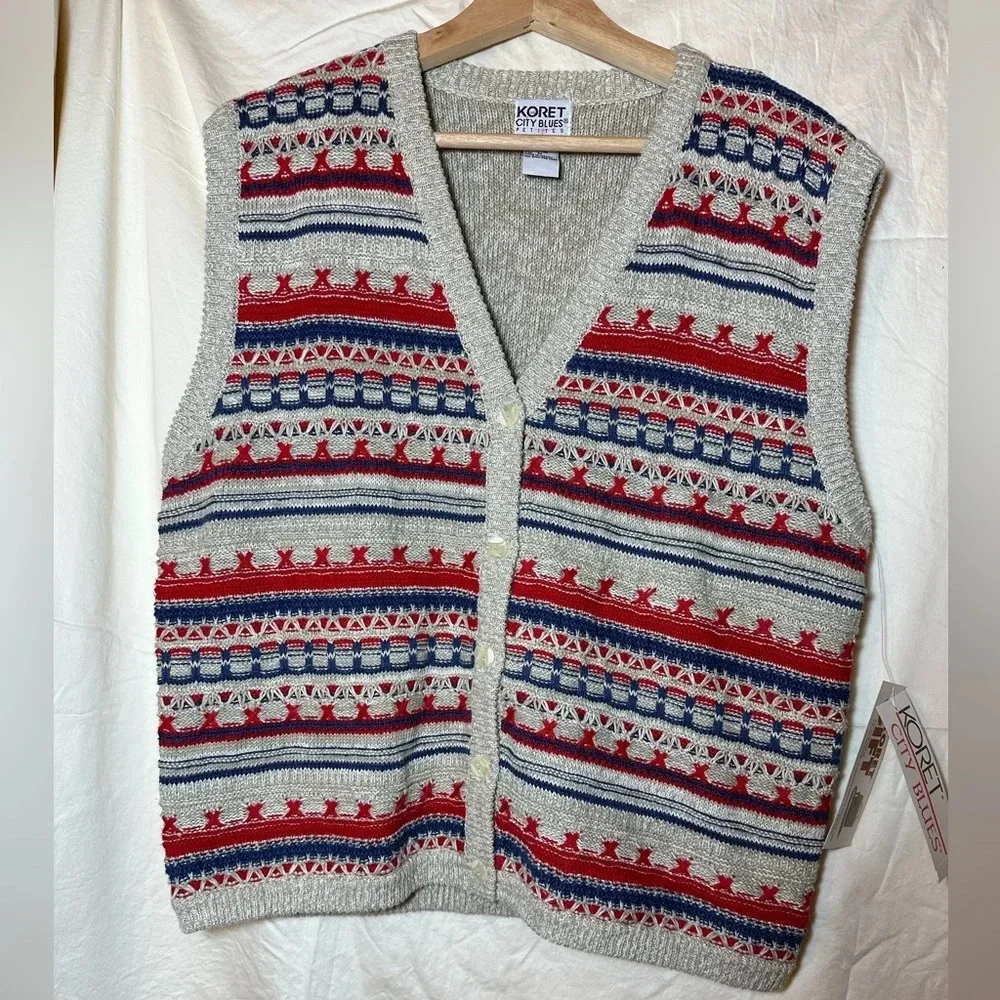 NEW VTG Koret Sweater Vest 3D Woven Women’s Petite M Red Blue Cottagecore Granny